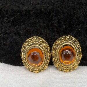 Vintage Goldette Clip On Earrings Gold Tone Glass Signed